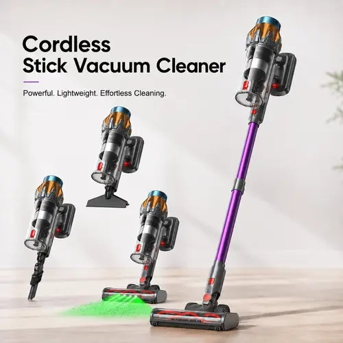 P6 Cordless Stick Vacuum Cleaner with Anti-Tangle Roller Brush, Green LED Floor Head, Adjustable Extension Tube & Multi-Surface Attachments for Hardwood Floors and Home Cleaning
