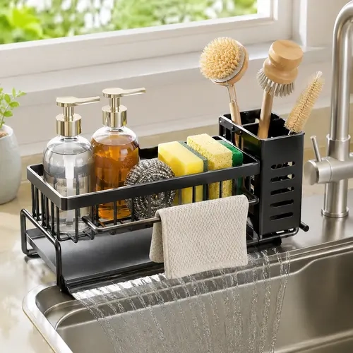 AISOON Compact Carbon Steel Sink Caddy Organizer with Drain Tray, Removable Towel Bar, Kitchen Utensil Holder, Soap & Black Scrubbers - Home Goods, Apartment Accessories, House Organizers for Storage Organization