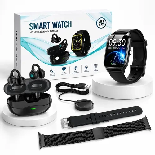ARTCYBER 6-in-1 Smart Watch Kit - Multifunctional Watch with 2.01" LCD Touchscreen, Open-Ear Ear-Hook Bluetooth Earbuds, 2 Bands, Type-C USB Cable, Charger, App Control for Daily Use, Travel, iOS & Android