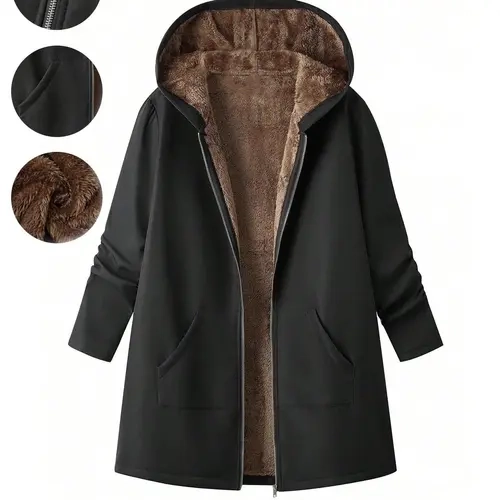 Plus Size Women's Mid-Length Fleece Lined Hooded Jacket, Coats, Windproof Durable Outerwear, Sheepskin Lining, Fall Winter Essential