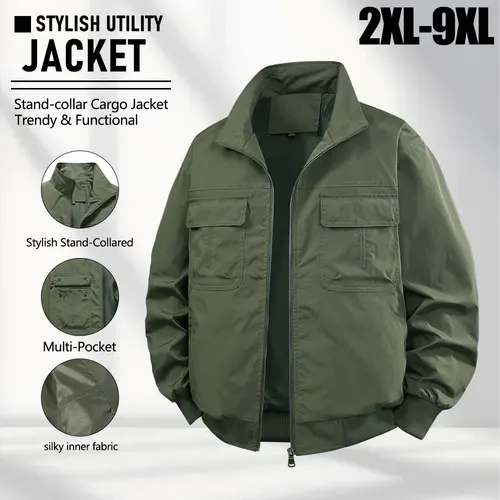 【2XL 9XL】Super Plus Size Men’s Stand Collar Workwear Jacket, Loose Casual Multi Pocket Functional Jacket, Smooth Lining Long Sleeve Zip Up Loose Fit Jacket, Suitable for Daily Outings in Spring and Autumn, Urban Commuting, and Outdoor Hiking