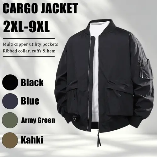 【2XL-9XL】Men’s plus-size workwear jacket for autumn/winter with fleece lining, featuring a relaxed fit with multiple zippered pockets, ribbed cuffs at the collar, sleeves, and hem, suitable for city commuting, outdoor activities, shopping and leisure, sho