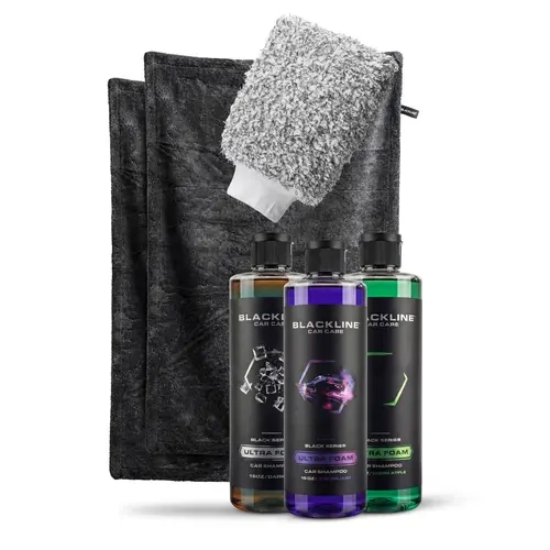BLACKLINE Viral Car Wash Bundle Set - 2 Twisted-Loop Drying Pieces, Free 3 Ultra Foam Pieces & 1 Wash Mitt, 1300 GSM Korean Fiber, Water Absorbent, Carbon Crimson/Aqua Options