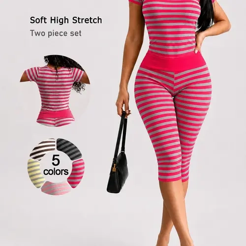 Women’s 2 Piece Workout Set, Crew Neck Short Sleeve Top and Capri Leggings, Soft Stretch Cooling Breathable Yoga Outfit, Striped Gym Set for Running Cycling Daily Casual Travel