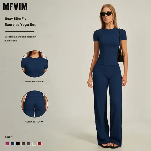 MFVIM Women's 2-Piece Yoga Workout Set, Crewneck Slim-Fit Short-Sleeve Top + High-Waisted Butt-Lifting Wide-Leg Pants, Soft Highly Elastic Second-Skin Gym Workout Apparel for Women 2 Piece Sets Enthusiasts