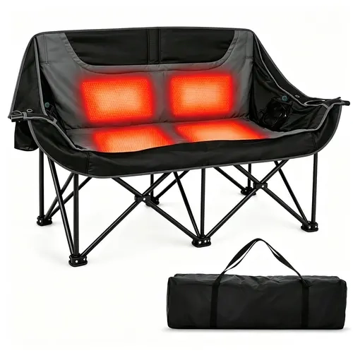 【Battery Not】Docred Heated Double Camping Folding Chair, Portable Heating Loveseat, Oversized Think Padded Folding Chair, 600D Oxford Fabric, Side Pocket, 600LB Heavy Duty Cold Outdoor Chair for Camping, Tailgating & Sports, Backyard, Camping Gear