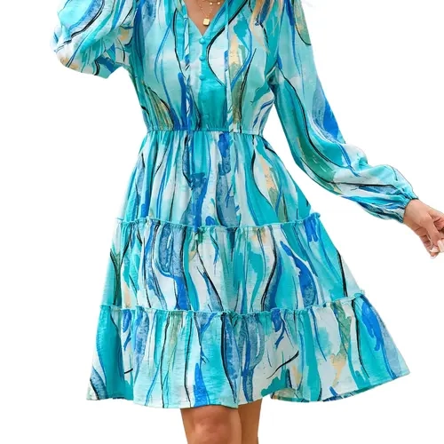 BTFBM Womens Floral Long Sleeve Mini Boho Dress V Neck Drawstring Tiered Ruffle Swing Flowy A Line Short Dress Vacation Outfit Fall Fashion 2026