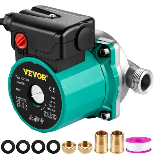 VEVOR Corded Hot Water Recirculating Pump, 110V Plug, 93W Power, 3/4" G Thread to 1/2" NPT Brass Adapter, Stainless Steel Head, 3 speed control for Electric Water Heater Systems