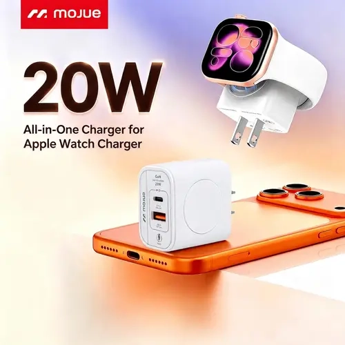 MOJUE 20W PD USB-C Magnetic Wall Charger - 3-in-1 Cordless Block with Magnetic Suction, PD 20W Power, Quick Charge, USB-C Plug, Built-in Port Protection, Compatible with Watch/iPhone Series & More, Magnetic Snap, Usb Plug