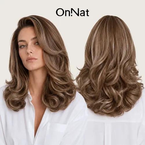 Naomi - OnNat Shaggy Layered Cut Style Wig | 13x4 HD Lace Frontal Free-parting 18-inch Brown Highlight Mid-Length Curly Wig Face-Framing Versatile Styling & Comfortable Fit