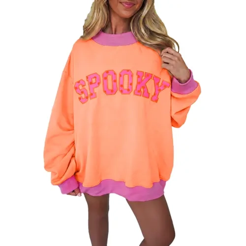 Mntaor Halloween Spooky Season Crewneck Sweatshirt - Womenswear Grapefruit Orange Oversized Mock Neck Pullover, Polka Dot Letter Applique, Purple Colorblock Trim, for Trick or Treat, Fall Parties