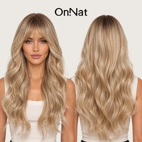 Ava - OnNat Scalpiana Scalp-Like Glueless Wig | OnReady Beginner Friendly 24-Inch Long Wavy Synthetic Wig with Bangs Limited-Parting Breathable Stretch Cap Heat Resistant Fiber