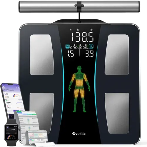 OVUTEK 8-Electrode Segmental Digital Rectangular Weight Scale - Full-Body Green Avatar Display, 50+ Multi-Measure Body Composition Metrics, Printable Report, Health App Sync, 400lb Max for Gym & Family Use