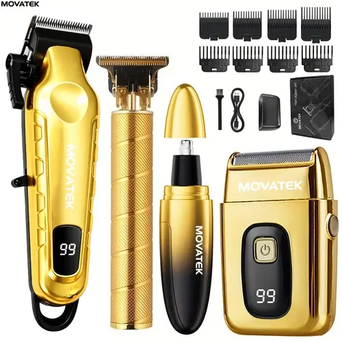 MOVATEK Men's 3-4-Piece Gold Professional Hair Clipper Kit - Smooth, Lightweight, USB-Charged, Cordless, with Trimmer, Razor, Nose Trimmer, Shaver, LCD Display, Adjustable Blade, Daily Self Care Gadget for Face & Body, Ideal Mens Gifts