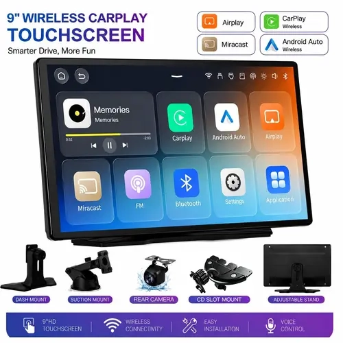 9-inch CarPlay Screen + CD Slot Mount, Portable Touchscreen with GPS, Backup Camera, MirrorLink, Wireless CarPlay & Android Auto