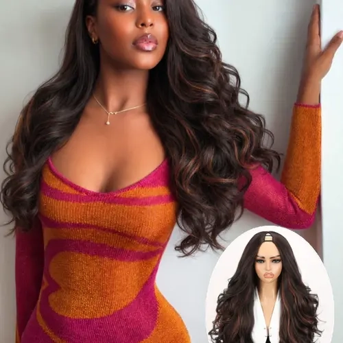 Yaki Curly V Part Wig Half Wig with Flip Curls, 26” U Part Wig, Heat-Resistant Fiber, Trendy Flip Curl, Beginner Friendly, Ideal for Daily/party Use, Heat Resistant Wigs