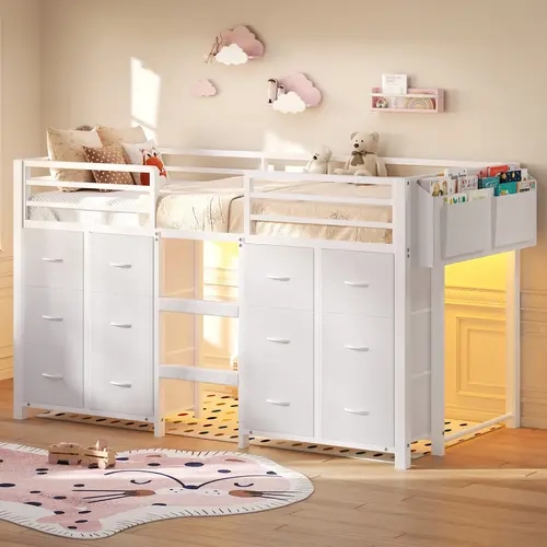FUSOU Twin Size Low Loft Bed for Kids with 12 Storage Drawers & RGB LED Lights, Metal Loft Bed Frame with 11" High Guardrail, Wide Ladder, Under-Bed Play Space, White