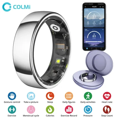 COLMI Ring 2 Pro Smart Ring - Titanium Alloy Design, Thinner & Lighter, No Subscription Fees, 500mAh Charging Case Battery, Heart Rate & Sleep Monitoring, Bluetooth 5.2, Gesture Control, Swimming-Compatible for Smartphones (Black/Gold/Silver)