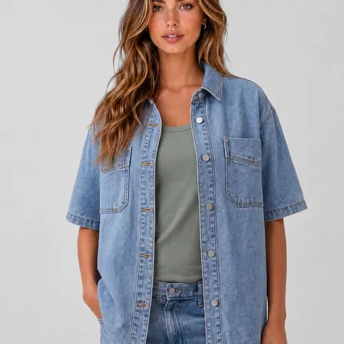 Women's Relaxed Light-Wash Collared Denim Jacket with Short Sleeves for Casual Layering