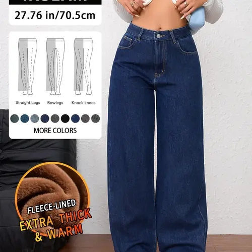 Women's Vintage Faux Fur Thickened Fall Winter Warm Wide Leg Denim Jeans, Simple Comfortable Versatile Trendy Straight Leg Washed Long Pants