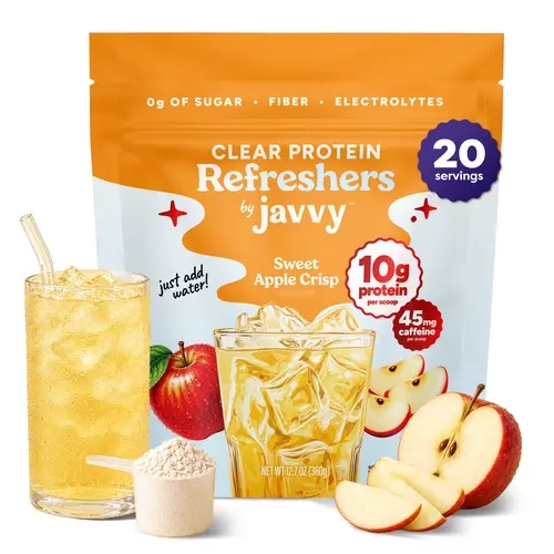 Javvy Sweet Apple Crisp Refresher – Premium Clear Whey Protein with Electrolytes & Fiber – 100% Natural Flavors – Zero Artificial Colors & Sweeteners – 45mg of Caffeine, 0g of Sugar, 20 Servings