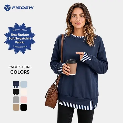 [New Update] Fisoew Women's Patchwork Design Soft Sweatshirt Fabric Sweatshirt Crew Neck White Ribbed Cuff & Hem Patchwork Drop Shoulder Oversized Long Sleeve Pullover Top Hoodie Fit Casual SohoChic