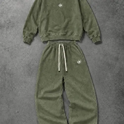 Men's Retro 2-Piece Menswear Set - Vintage Washed Cotton Blend Crew Neck Cropped Sweatshirt & Elastic Drawstring Waist Baggy Sweatpants with Printed Logo, Stylish Street Style Sports Casual Wear