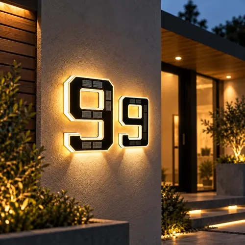 ISUNMEA 9-in Solar-Powered LED House Numbers, Waterproof Illuminated Address Signs, Large Personalized Modern Exterior ABS Lights with Decor for Homes