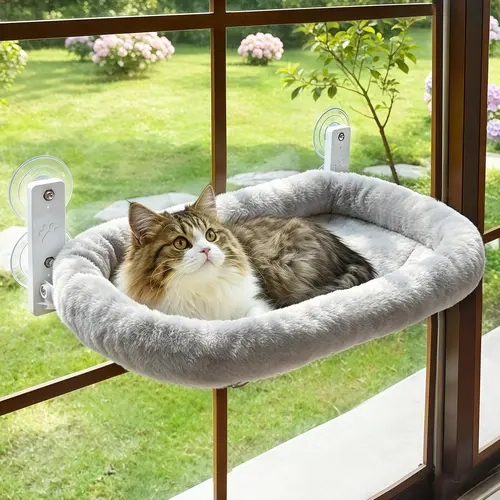 Cordless Cat Window Perch with Soft Cushion, Metal Frame Large Cat Window Bed, Safe Suction Cup Cat Seat for Indoor Cats, Light Gray