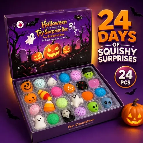 24-Day Halloween Squishy Countdown Calendar, 24 Soft Slow-Rising Toys, Stress Relief Fidget Gifts for Kids & Party Favors