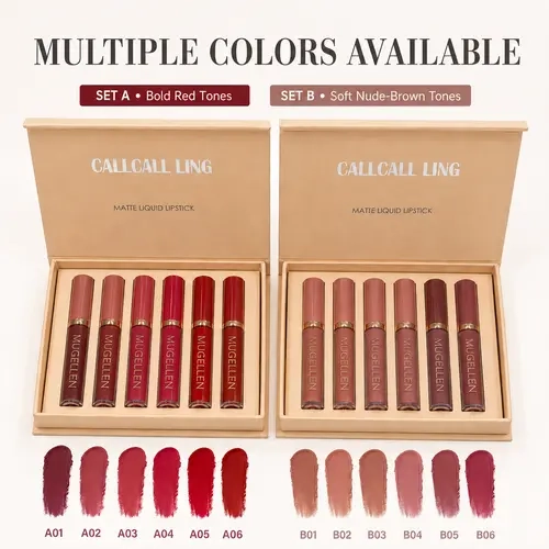 6 Shades Liquid Lipstick Set, Velvet Finish Longwear Lip Color Gift Box, Red & Nude Brown Lip Makeup Kit for Women, sohochic