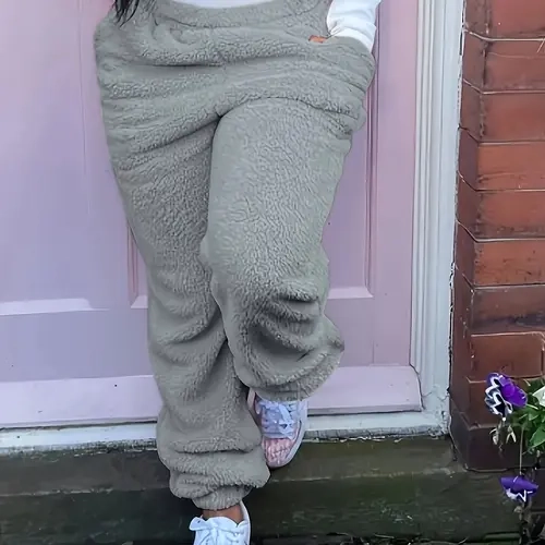 Women Soft Fuzzy Plush Jogger Pants Elastic High Waist Side Pockets Loose Fit Fluffy Loungewear Sweatpants Casual Warm Home Trousers Baggy