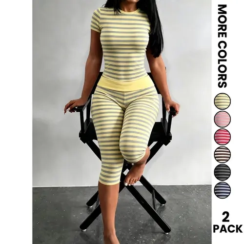 Yellow Grey Striped Two Piece Loungewear Set Crew Neck Short Sleeve Slim Crop Top High Waist Capri Leggings Stretch Fitted Matching Outfit Ideal For Home Relaxation Gym Training Grocery Runs And Casual Everyday All Season Comfy