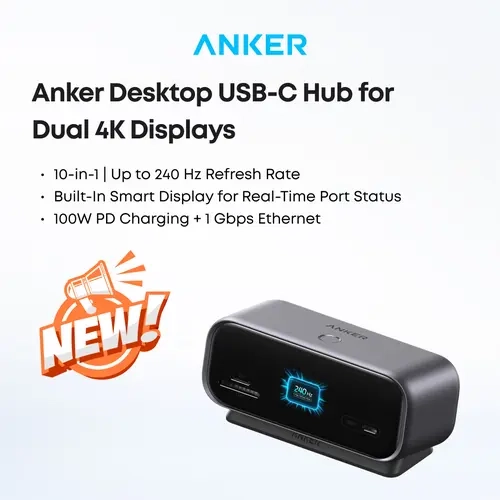 Anker 10-in-1 Desktop USB-C Hub - Desk Accessories with 240 Hz High-Refresh-Rate, Compact Form, PD3.0 100W, Port Status Real-Time Info, App Control, Built-In Screen for Expand Ports & Gamers