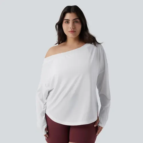 Halara One Shoulder Long Sleeve Thumb Hole Curved Hem High Low Quick Dry Yoga Plus Size Sports Top-Built-in Bra