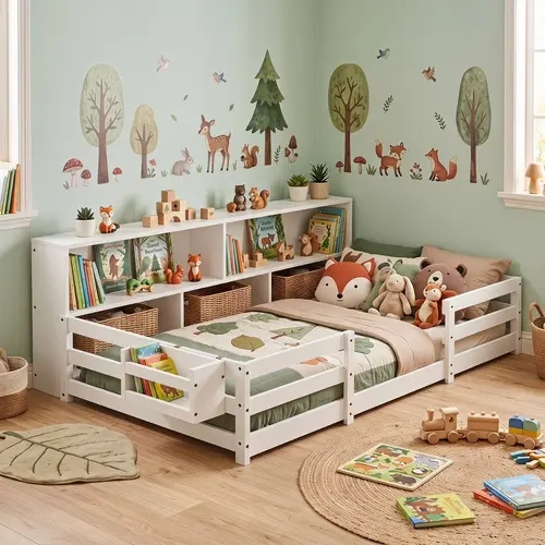 2-in-1 Montessori Bedroom Bedframe - Wooden Twin Convertible Play Bed with Bookcase, Storage Shelves, Safety Rails for Toddlers