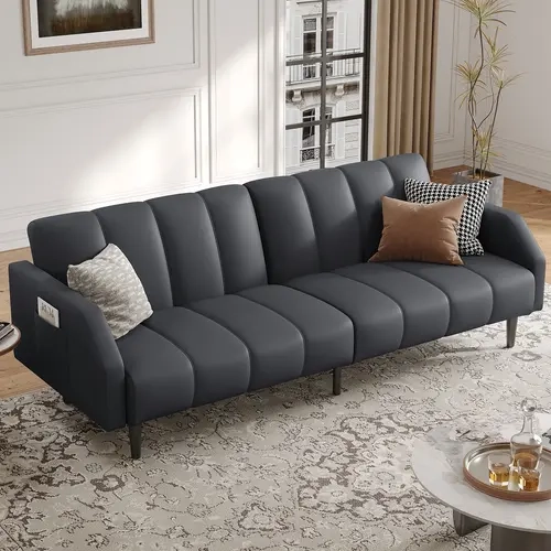 COPIAE Dark Gray Faux Leather Futon Sofa Bed (78in) - Adjustable Backrest Upholstered Love Seat with Stable Metal Legs, Holds iPhone, iPad, Magazines, Remote Control for Living Room, Bedroom