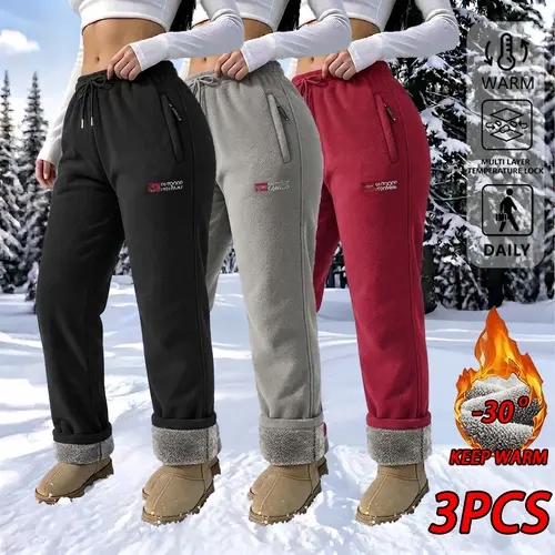 Women’s Slim Athletic Sportswear Activewear Fleece-Lined Long Pants (3-Pack) - Casual, Fashionable, Versatile Bottom, Heat-Locking, Ideal for Outings, Hiking
