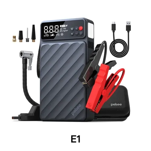 Pelsee E1 12V Car Battery Jump Starter - 6000A Boost, 20000mAh Compact Pocket-Sized Portable Pack, 45W Fast Charge, Air Compressor, Tire Pressure Monitor, Light, Jumper Cables for Cars/SUVs (10L Gas Engines) with Roadside Help