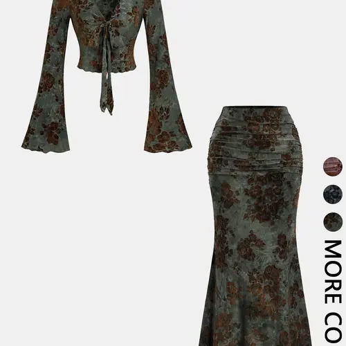 2-Piece Floral Deep V-Neck Long-Sleeve Top with Bow, Mermaid Skirt Set, Sexy Party Wear, Spring & Fall Fashion