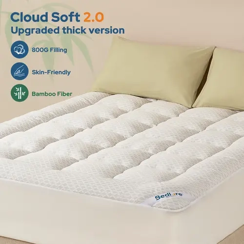 BEDLORE UPGRADED Cooling Bamboo Blend Mattress Pad, 800GSM Thick Plush Filling, Breathable Grid Quilted Mattress Topper for Hot Sleepers