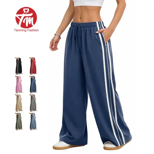 Tanming Womens High Waist Side Lace Stripe Pants - Drawstring Relaxed Fit Wide Leg Sweatpants Casual Athletic Bottoms - Spring Summer Fall Daily Casual Commute Office School Shopping Outdoor Travel Streetwear Outfits