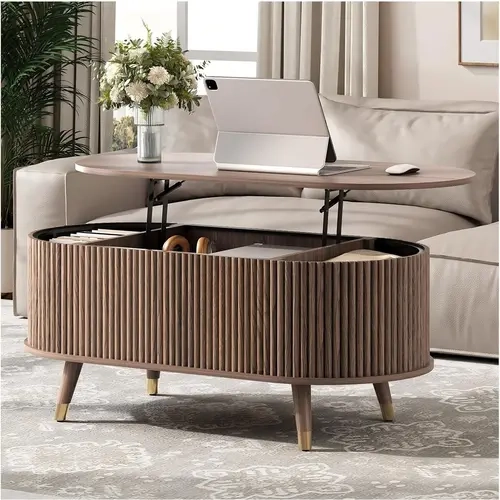 SULIVES Fully Assembled Wooden Coffee Table Living Room - Fluted Oval Lift Top, Hidden Compartment, Walnut Wood Tone Modern Oval Lift Top Living Room Furniture for Home Office