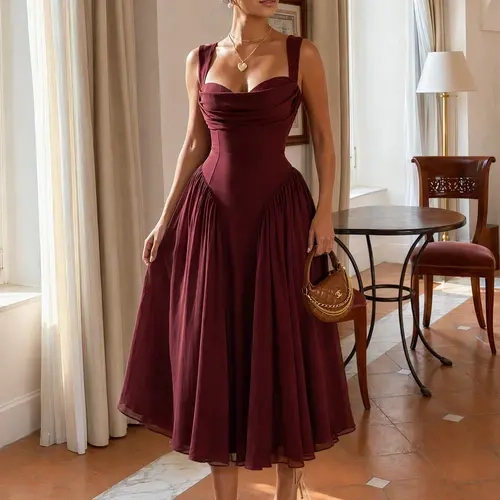 Curvysweet Odile Women’s Formal Wear Elegant Sleeveless Gown - Built-in Bra, Adjustable Straps, Ruched Bodice, Waist Cinching Backless Tied Dress, Sequin, Flowy A-Line Silhouette for Party, Prom