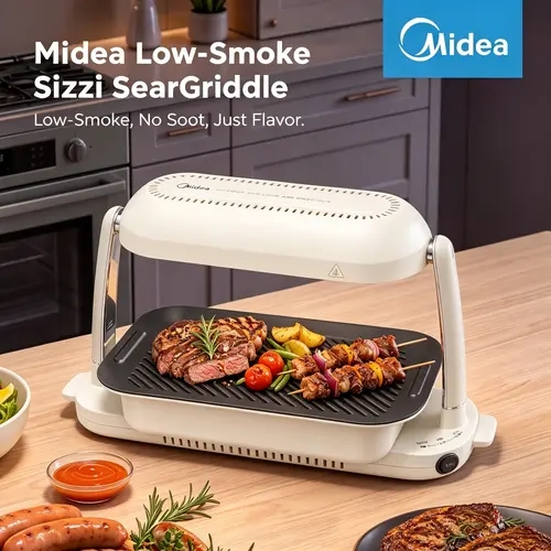 Midea Graphene Smokeless Electric Grill, 1300°C Rapid Heat Indoor Griddle with Non-Stick Plate, 1100W