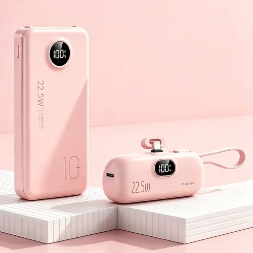 2 Pack Portable Charger Bundle, Cute 5000mAh Compact Mini Capsule Power Bank & 10000mAh 4 Built‑in‑Cables Backup Power Bank, Portable Phone Charger for Women Girls, Travel Must‑Have for iPhone & Android, Portable Charging Kit for School, Daily Trip