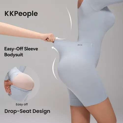 [KKPeople Easy-Off Sleeve Bodysuit] Tummy Control Butt Lifter Faja Shapewear, Long Sleeve Full Body Coverage with Back Support, Postpartum Recovery Body Shaper with Cotton Gusset, Colombian Fajas for Women