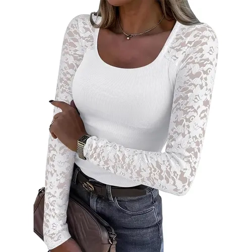 ANRABESS Womens Long Sleeve Lace Scoop Neck Tops | Ribbed Knit Soft Stretchy Shirts, Slim Fitted Basic Tees, Going Out Layering, Casual Fall Winter Fashion