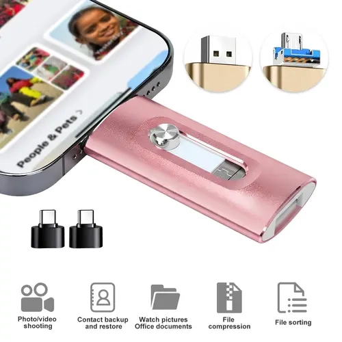 MFi Certified 4-in-1 Multi-Port Flash Drive for iPhone & Android Phones, 64GB/128GB High-Speed USB 3.0 OTG Pendrive Memory Stick with Lightning, Micro USB & Type-C Adapters, Portable External Storage Stick for iPad, PC Photo Backup