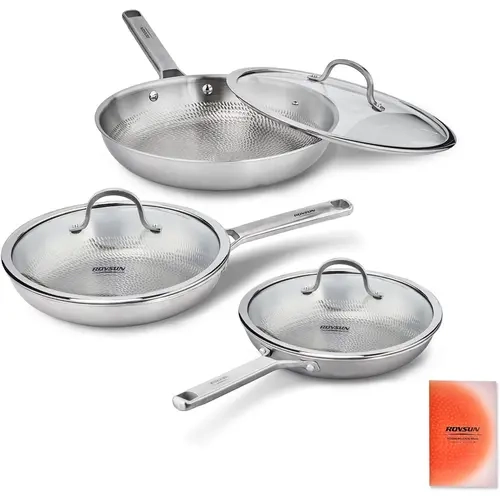 ROVSUN Titanium Pan Set, 8'' 10'' 12'' Hammered Frying Pan, Skillet with Lid for Cooking, Non-Toxic Kitchen Cookware, PFOA & PTFE Free, Oven & Dishwasher Safe, Compatible for All Cooktops